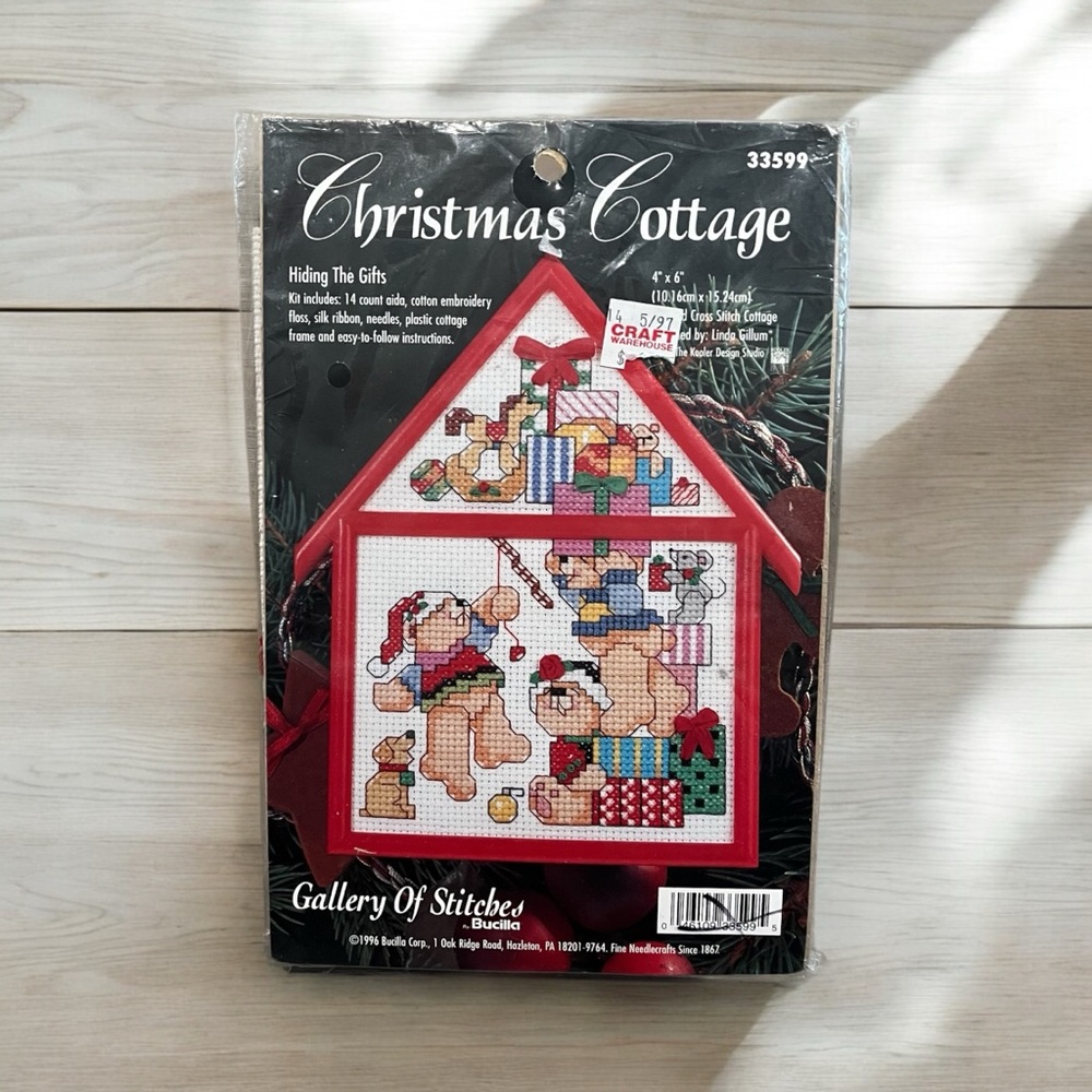 NWT Bucilla “Hiding the Gifts” Counted Cross Stitch Kit with Cottage Frame